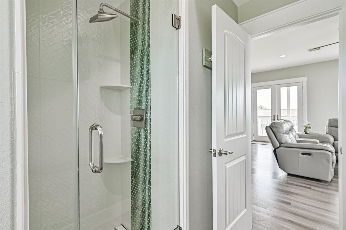 Bathroom, Glass Shower, Interior, Recessed Lighting, Wood Texture Flooring