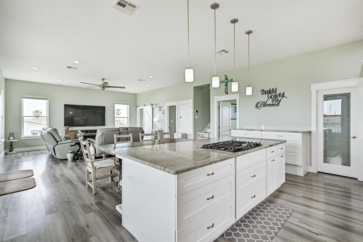 Dining room, Interior, Kitchen, Living room, Pendant Lights, Recessed Lighting, Wood Texture Flooring