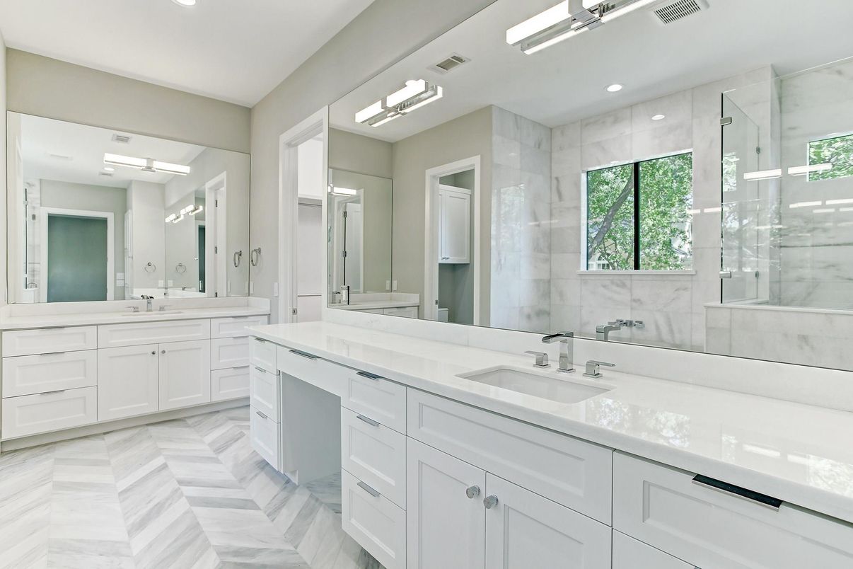 Bathroom, Dual Sink Vanities, Glass Shower, Interior, Marble Walls, Recessed Lighting