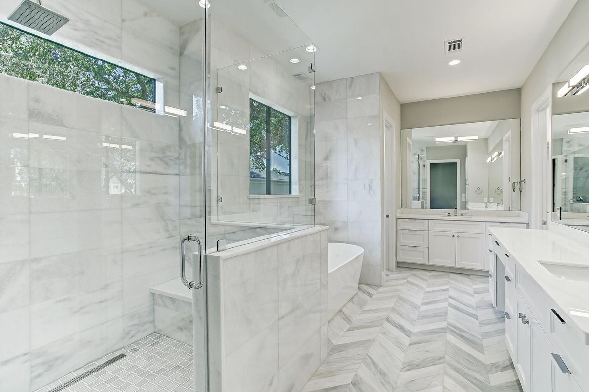 Bathroom, Dual Sink Vanities, Free Standing Baths, Glass Shower, Interior, Marble, Marble Walls, Recessed Lighting