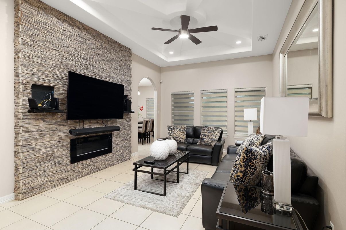 Fireplace, Interior, Living room, Recessed Lighting, Stone Walls