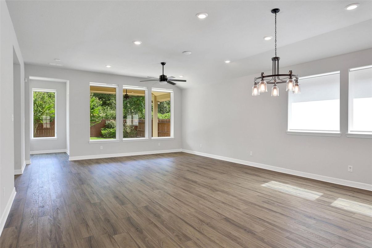 Empty room, Interior, Pendant Lights, Recessed Lighting, Wood Texture Flooring