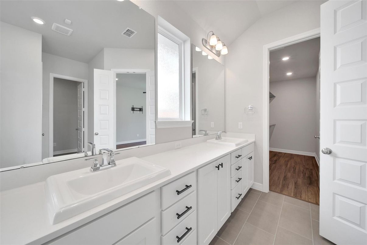 Bathroom, Dual Sink Vanities, Interior, Recessed Lighting, Wood Texture Flooring