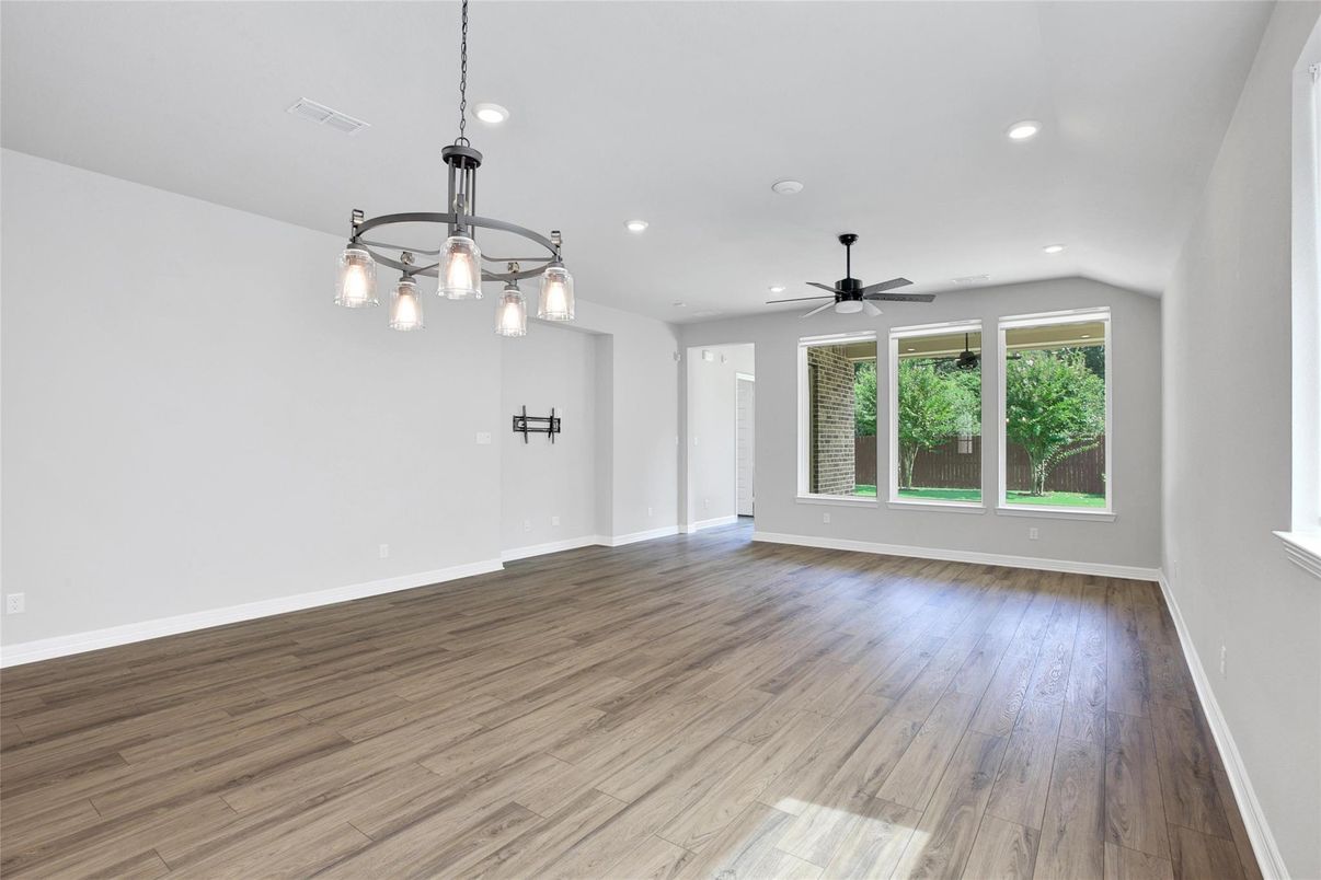 Empty room, Interior, Pendant Lights, Recessed Lighting, Wood Texture Flooring