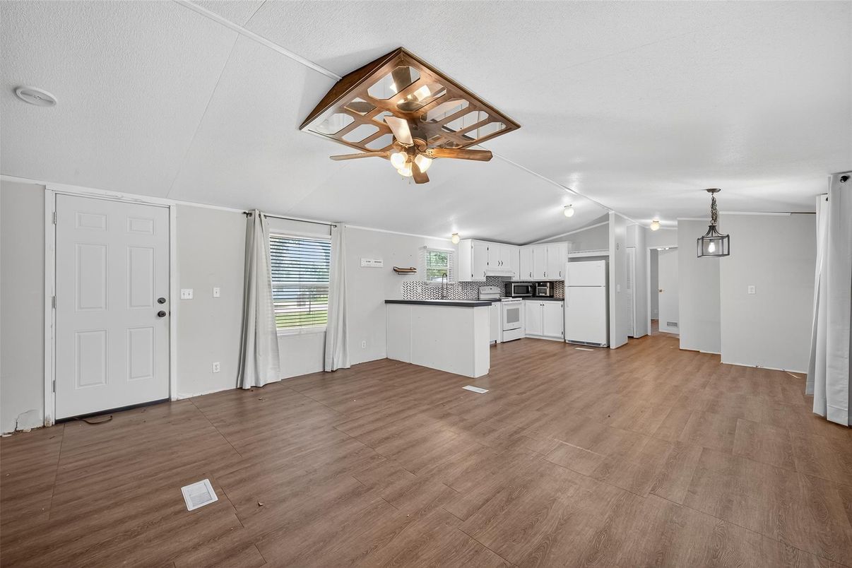 Empty room, Interior, Kitchen, Pendant Lights, Wood Texture Flooring