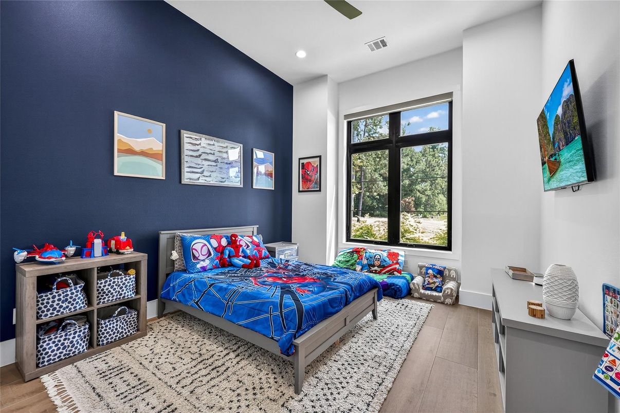Bedroom, Interior, Recessed Lighting, Wood Texture Flooring
