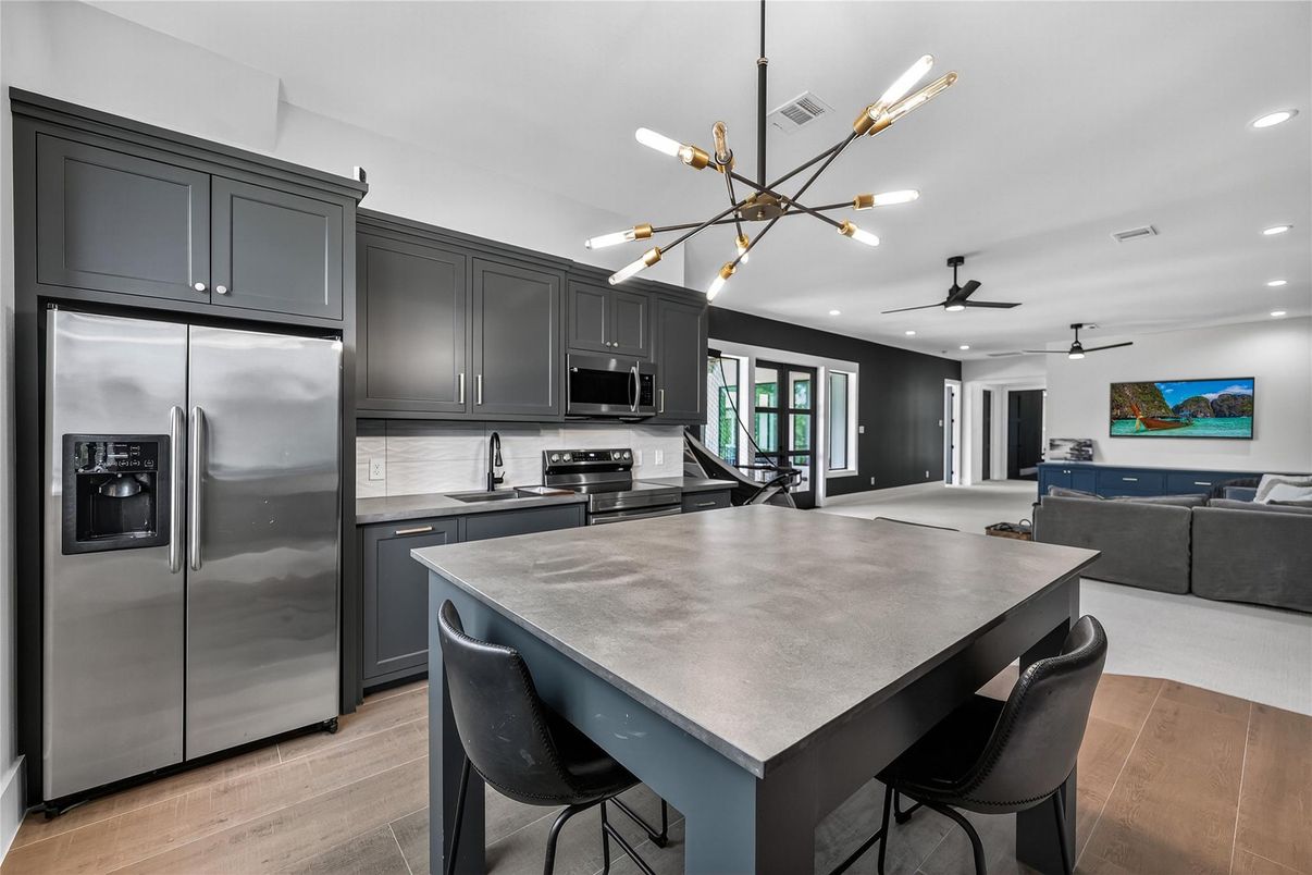 Interior, Kitchen, Living room, Pendant Lights, Recessed Lighting, Stainless Steel Appliances, Wood Texture Flooring