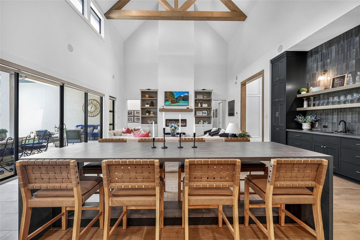 Dining room, Fireplace, Interior, Wooden Beams, Wood Texture Flooring