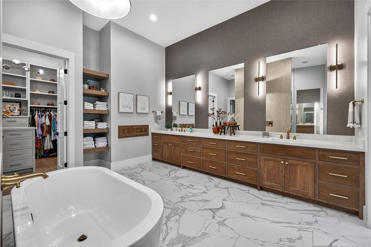Bathroom, Dual Sink Vanities, Free Standing Baths, Interior, Marble, Recessed Lighting, Walk-in Closets