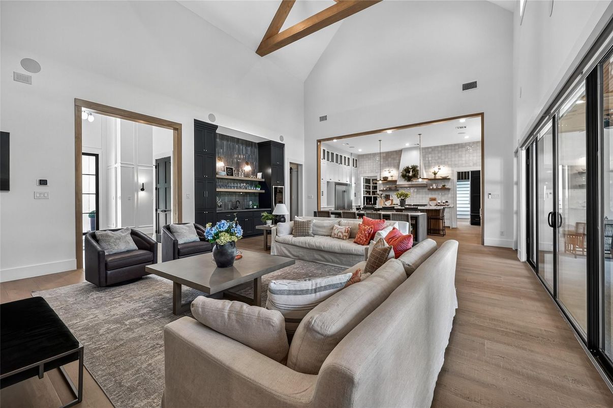 Interior, Kitchen, Living room, Pendant Lights, Recessed Lighting, Stainless Steel Appliances, Wooden Beams, Wood Texture Flooring