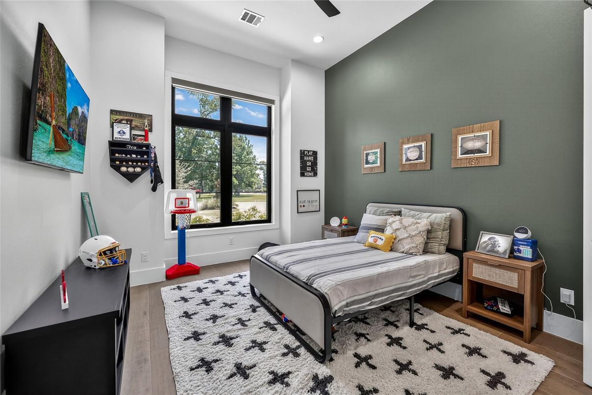 Bedroom, Interior, Recessed Lighting, Wood Texture Flooring