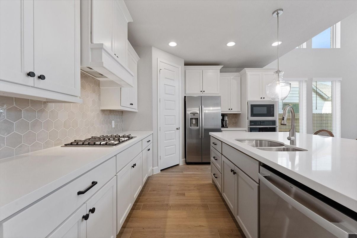 Interior, Kitchen, Pendant Lights, Recessed Lighting, Stainless Steel Appliances, Wood Texture Flooring