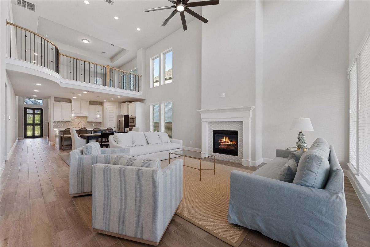 Dining room, Fireplace, Interior, Kitchen, Living room, Pendant Lights, Recessed Lighting, Wood Texture Flooring