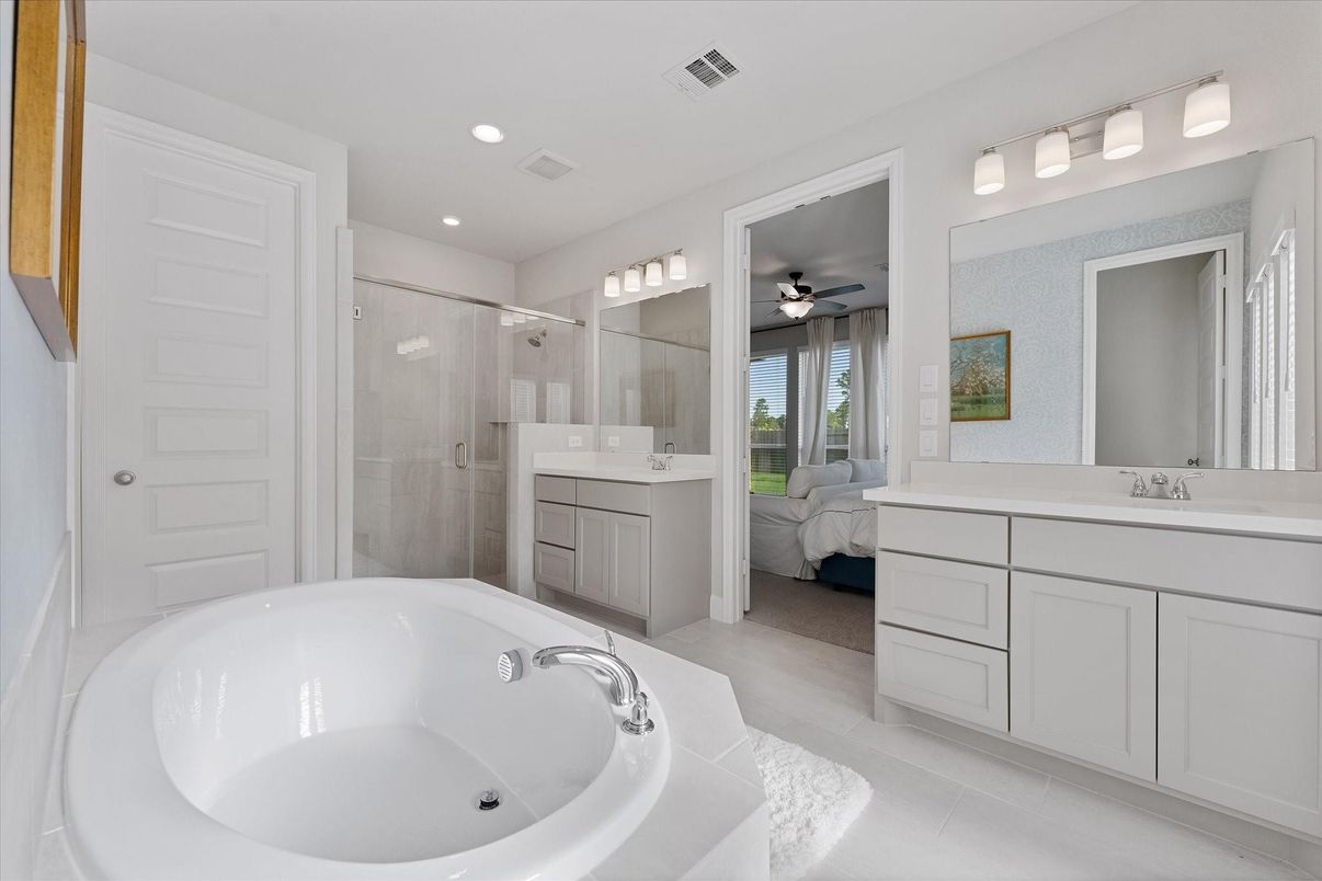 Bathroom, Bedroom, Dual Sink Vanities, Glass Shower, Interior, Recessed Lighting