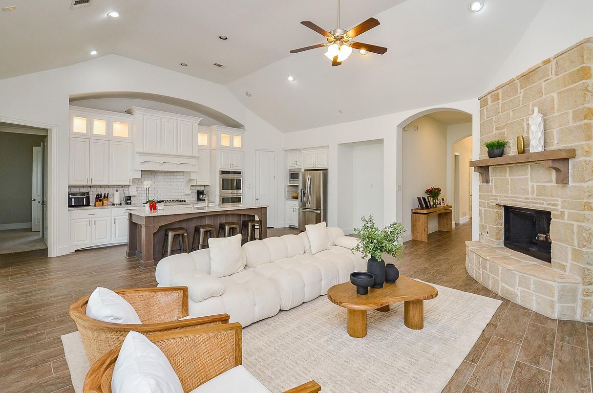 Fireplace, Interior, Kitchen, Living room, Recessed Lighting, Stainless Steel Appliances, Stone Walls, Wood Texture Flooring