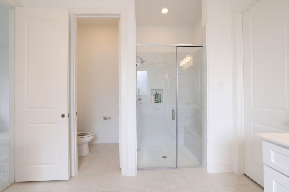 Bathroom, Glass Shower, Interior, Marble Walls, Recessed Lighting