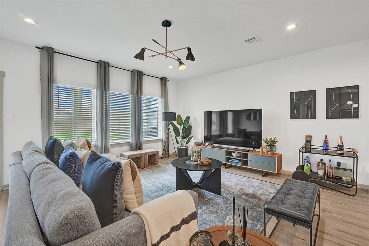 Interior, Living room, Pendant Lights, Recessed Lighting, Wood Texture Flooring
