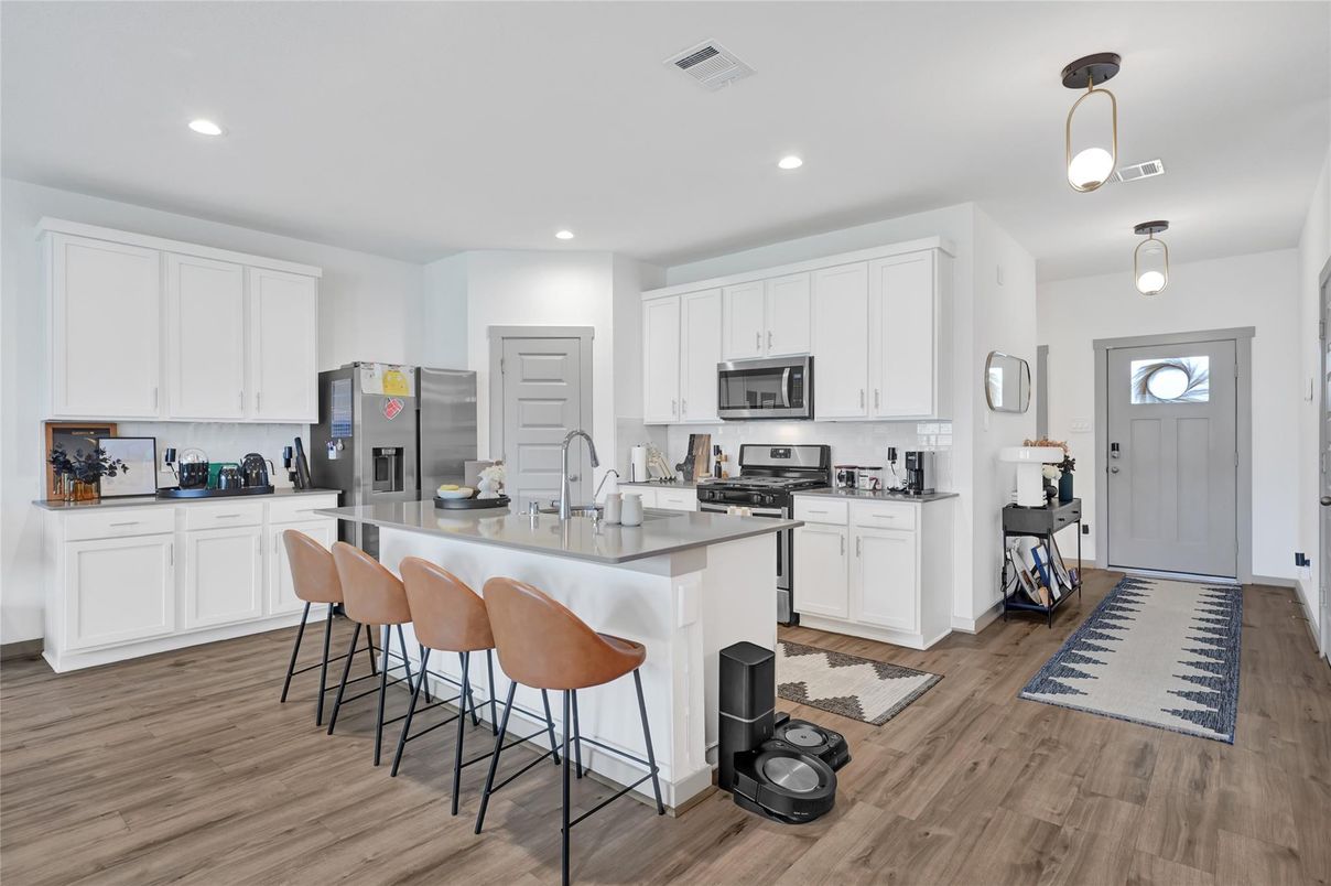 Interior, Kitchen, Pendant Lights, Recessed Lighting, Stainless Steel Appliances, Wood Texture Flooring