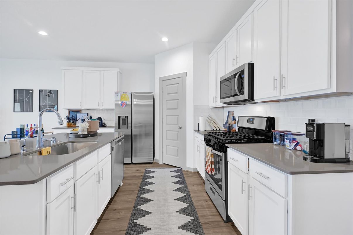 Interior, Kitchen, Recessed Lighting, Stainless Steel Appliances, Wood Texture Flooring