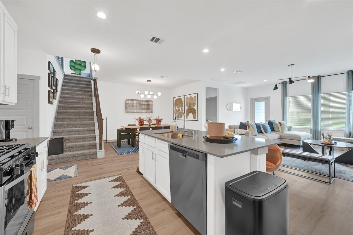 Dining room, Interior, Kitchen, Living room, Pendant Lights, Recessed Lighting, Wood Texture Flooring