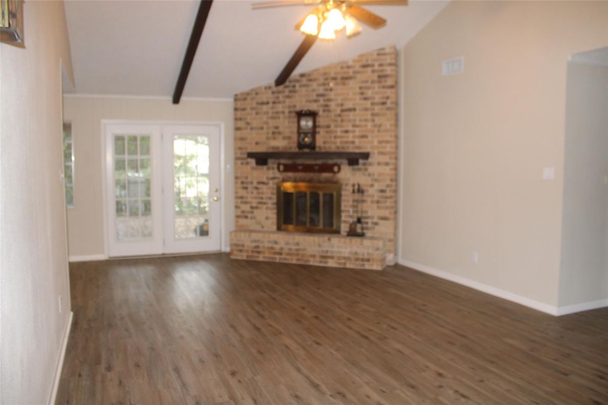 Empty room, Fireplace, Interior, Stone Walls, Wood Texture Flooring