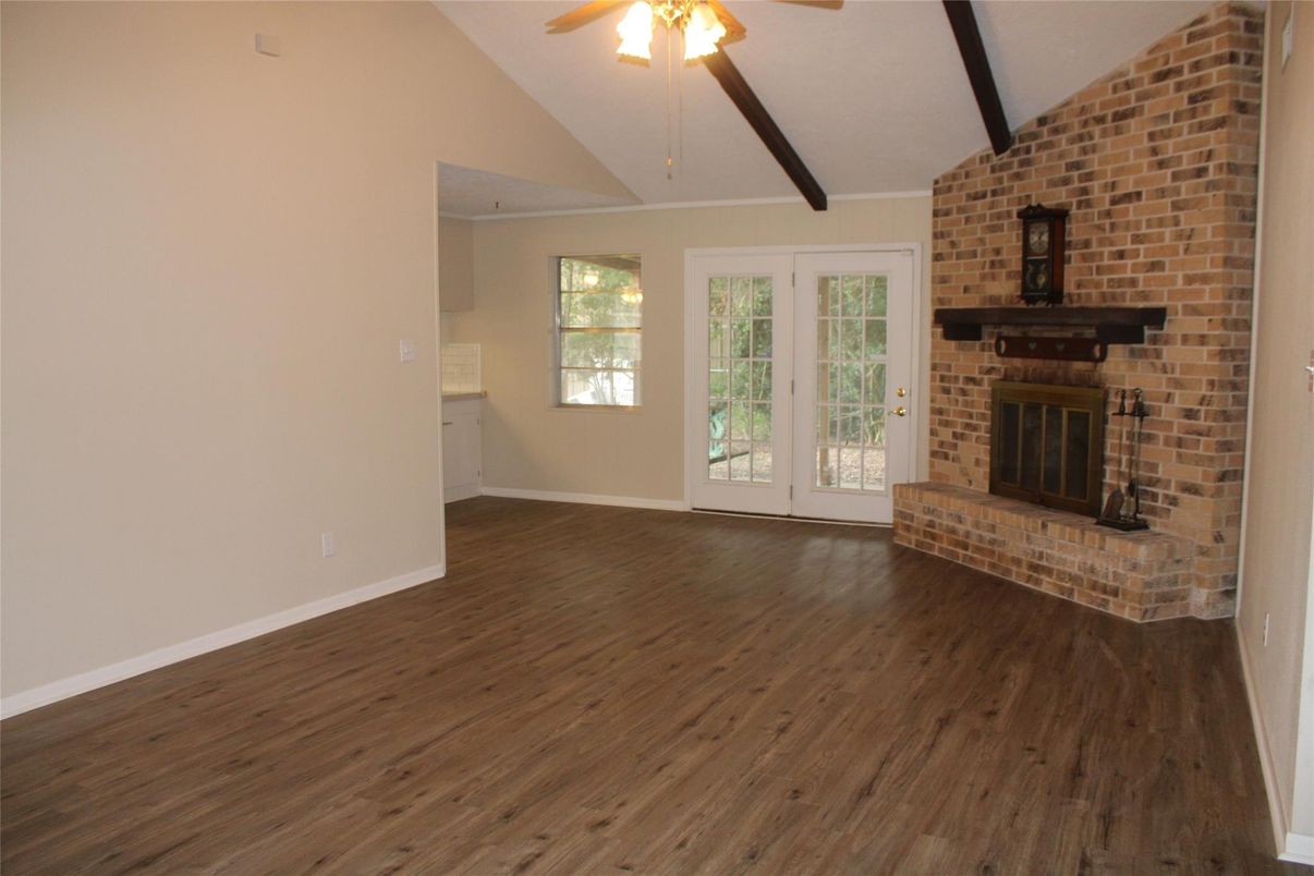 Empty room, Fireplace, Interior, Stone Walls, Wood Texture Flooring
