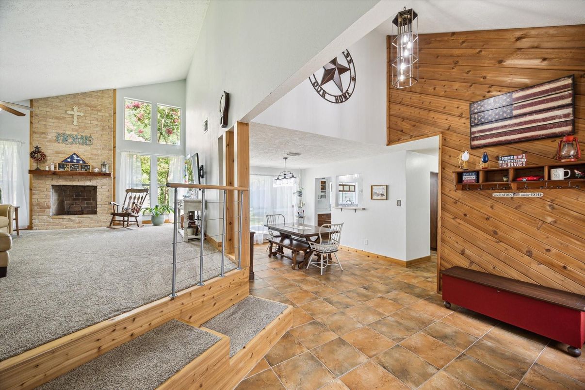 Dining room, Fireplace, Interior, Pendant Lights, Stone Walls, Wooden Ceilings, Wooden Walls
