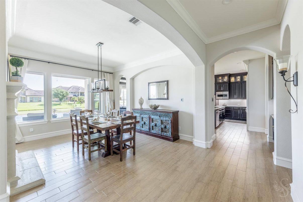 Dining room, Interior, Pendant Lights, Wood Texture Flooring