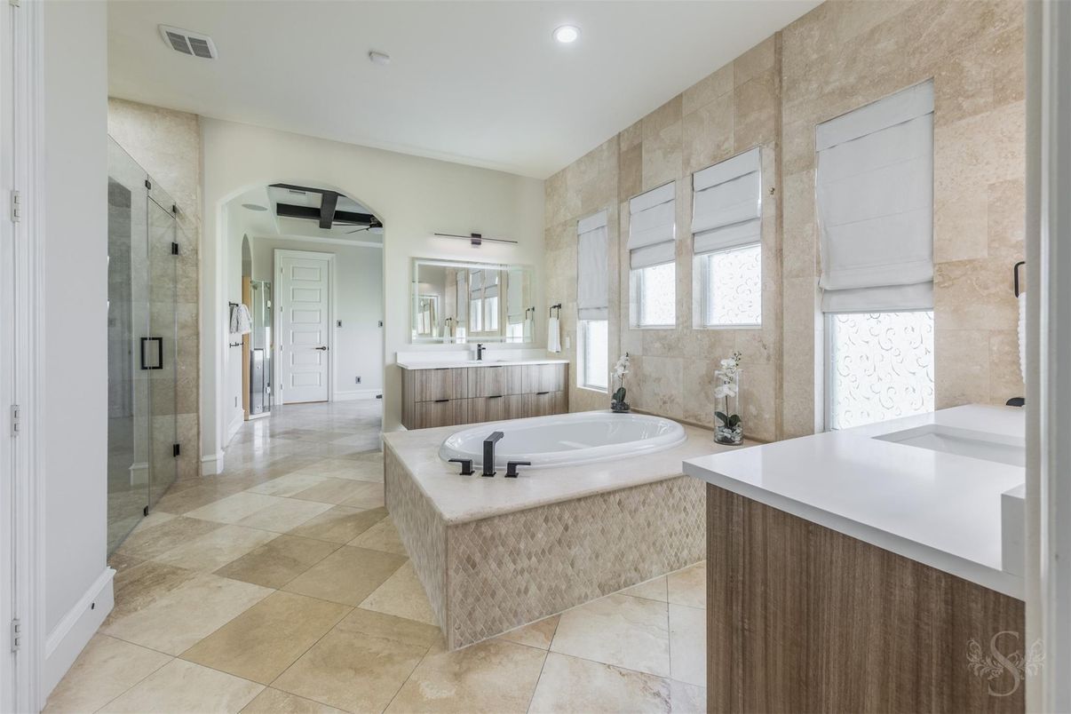 Bathroom, Dual Sink Vanities, Glass Shower, Interior, Recessed Lighting