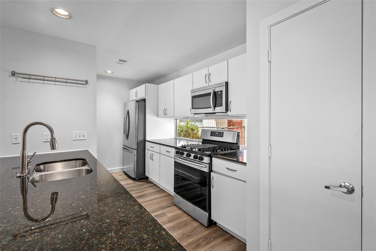 Interior, Kitchen, Recessed Lighting, Stainless Steel Appliances, Wood Texture Flooring