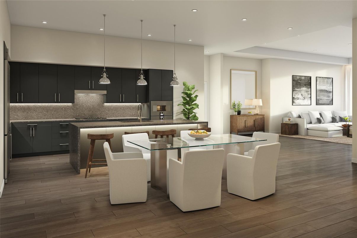 Dining room, Interior, Kitchen, Living room, Pendant Lights, Recessed Lighting, Stainless Steel Appliances, Wood Texture Flooring