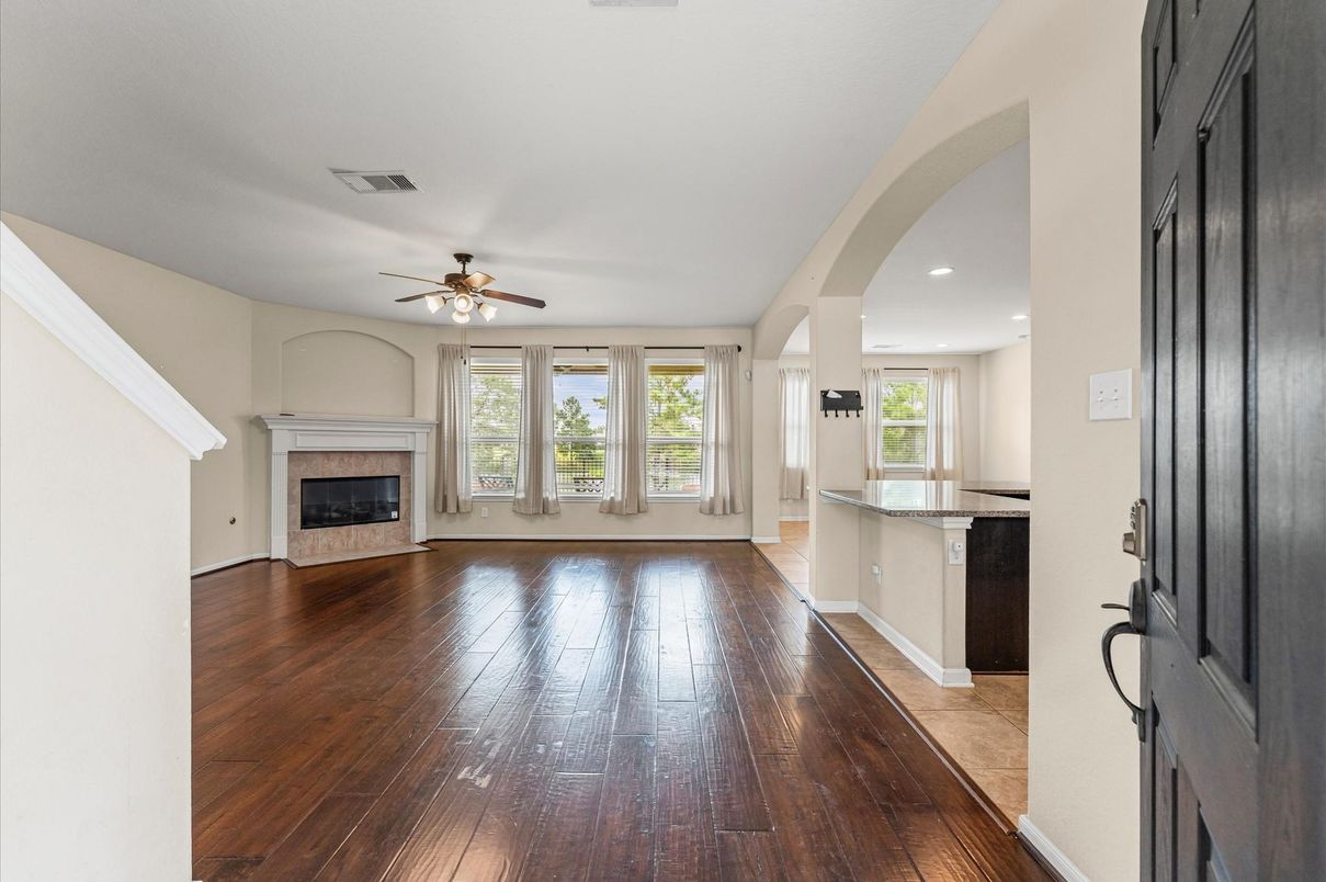 Empty room, Fireplace, Interior, Recessed Lighting, Wood Texture Flooring