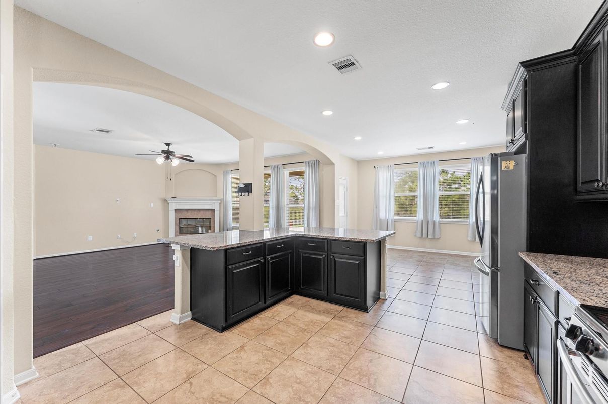 Fireplace, Interior, Kitchen, Recessed Lighting, Wood Texture Flooring
