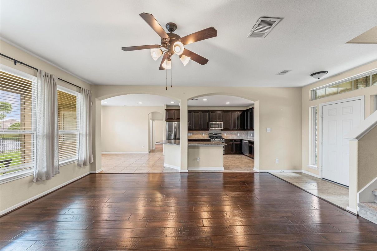 Empty room, Interior, Kitchen, Recessed Lighting, Wood Texture Flooring
