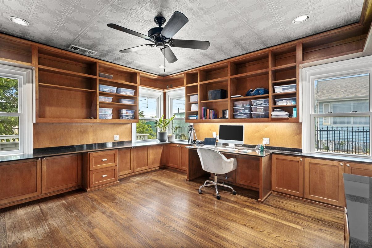 Home Office, Interior, Recessed Lighting, Wood Texture Flooring, Wooden Walls