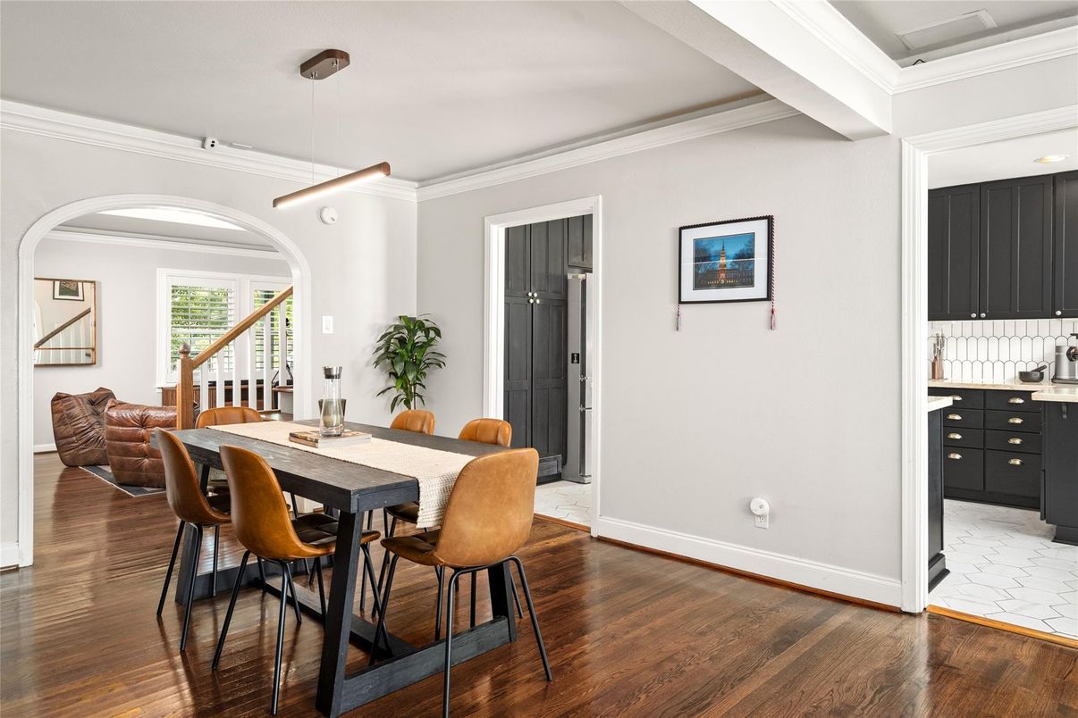 Dining room, Interior, Pendant Lights, Wood Texture Flooring
