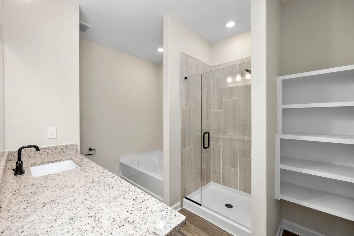 Bathroom, Glass Shower, Interior, Recessed Lighting, Wood Texture Flooring