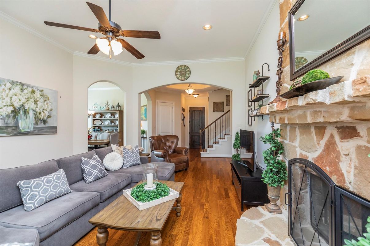Fireplace, Interior, Living room, Recessed Lighting, Wood Texture Flooring