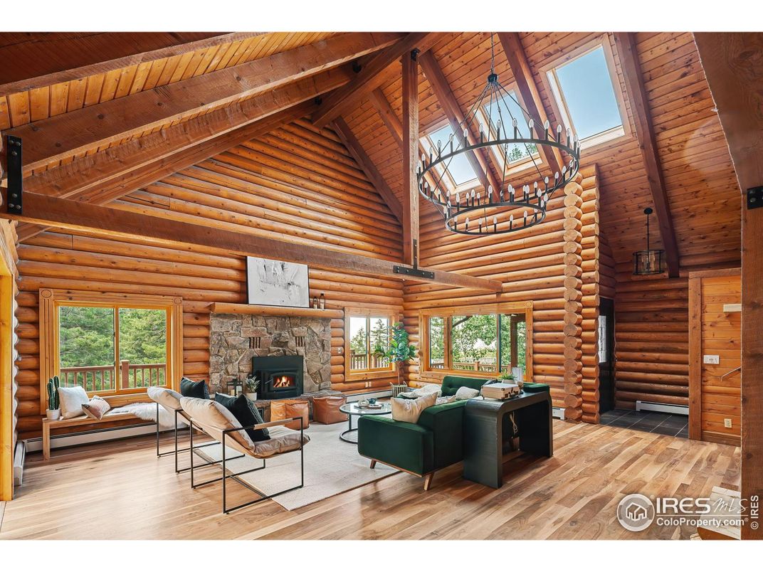 Chandelier, Fireplace, Interior, Living room, Wooden Beams, Wooden Ceilings, Wood Texture Flooring, Wooden Walls