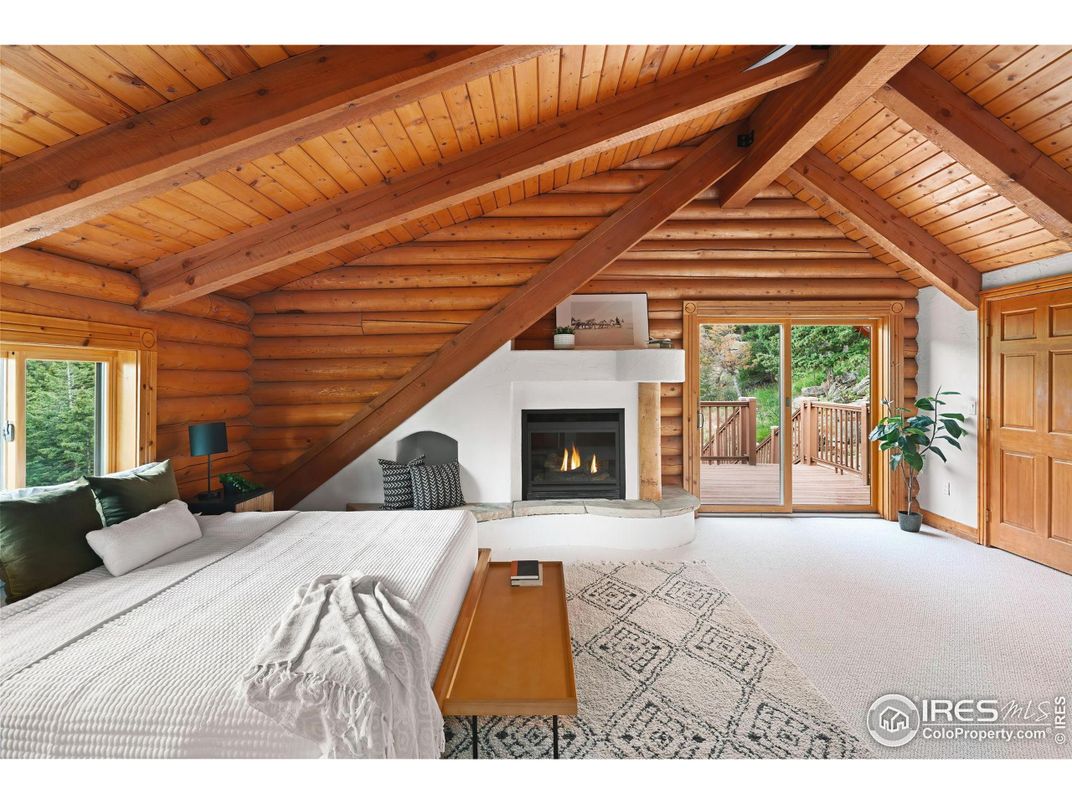 Bedroom, Fireplace, Interior, Wooden Beams, Wooden Ceilings, Wooden Walls