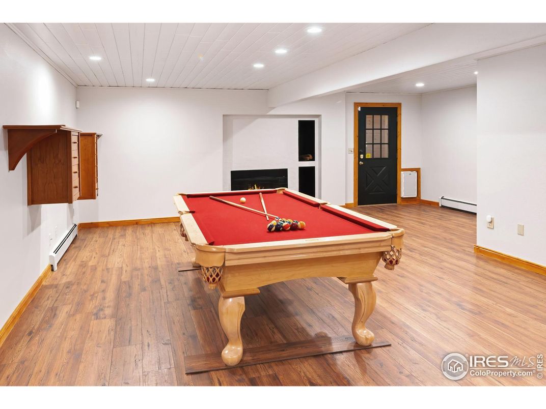 Billiard Table, Fireplace, Game Room, Interior, Recessed Lighting, Wood Texture Flooring