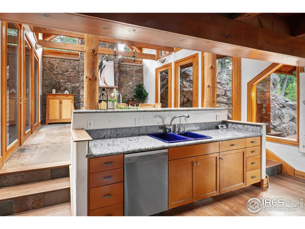 Interior, Kitchen, Stone Walls, Wooden Beams, Wood Texture Flooring