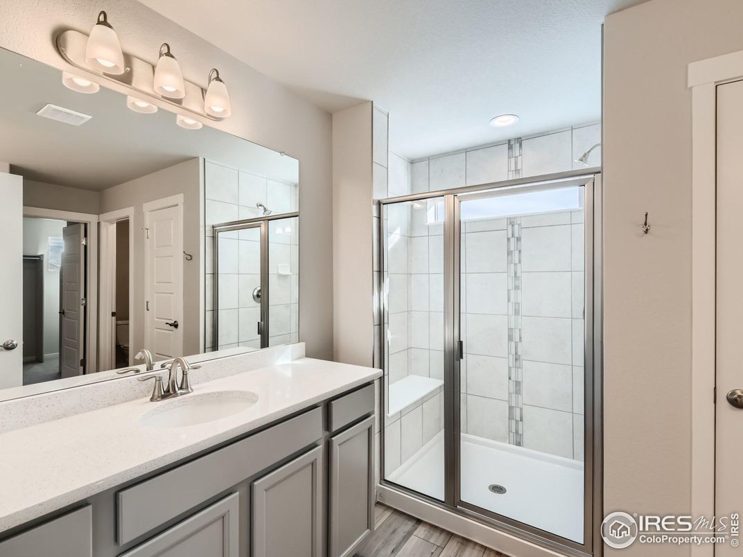 Bathroom, Glass Shower, Interior, Recessed Lighting, Wood Texture Flooring