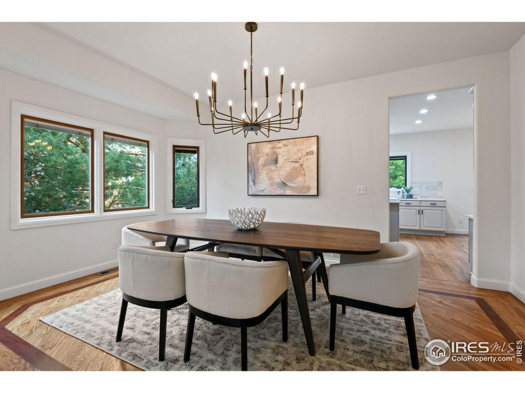 Dining room, Interior, Pendant Lights, Recessed Lighting, Wood Texture Flooring