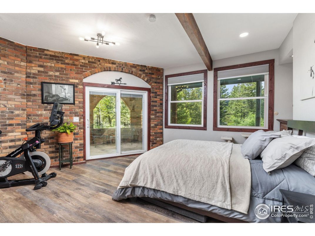 Bedroom, Fitness Equipment, Interior, Recessed Lighting, Stone Walls, Wooden Beams, Wood Texture Flooring