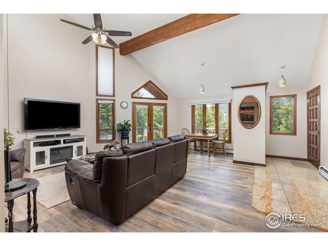 Dining room, Interior, Living room, Pendant Lights, Wooden Beams, Wood Texture Flooring