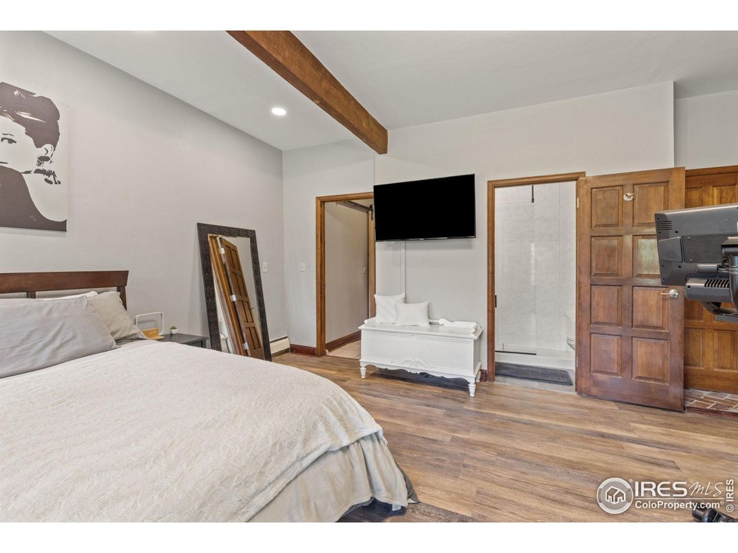 Bedroom, Interior, Recessed Lighting, Wooden Beams, Wood Texture Flooring