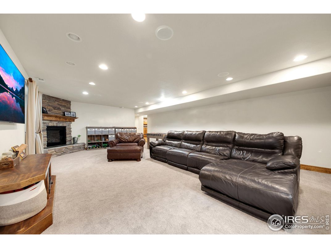 Fireplace, Interior, Living room, Recessed Lighting, Stone Walls