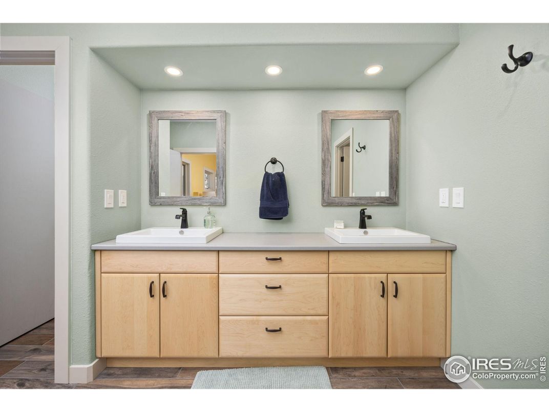 Bathroom, Dual Sink Vanities, Interior, Recessed Lighting, Wood Texture Flooring