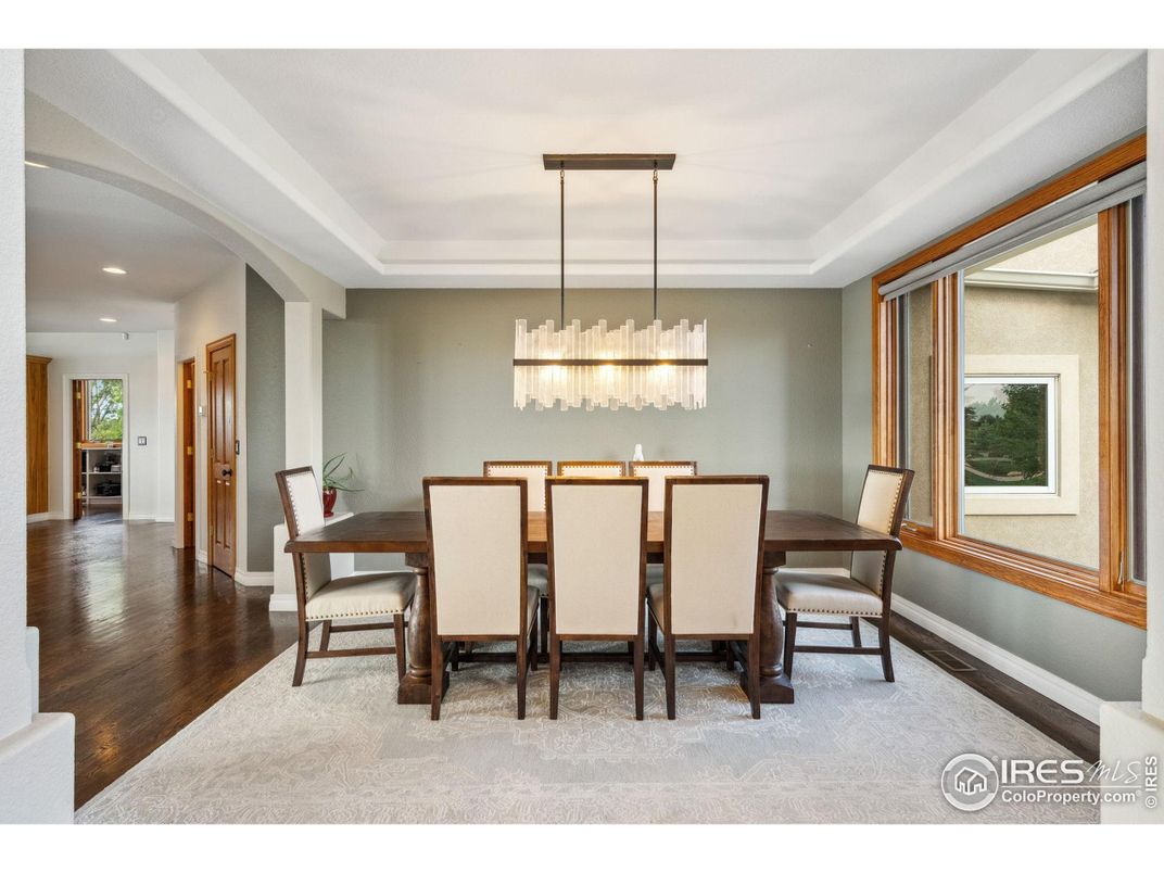 Dining room, Interior, Pendant Lights, Recessed Lighting, Wood Texture Flooring